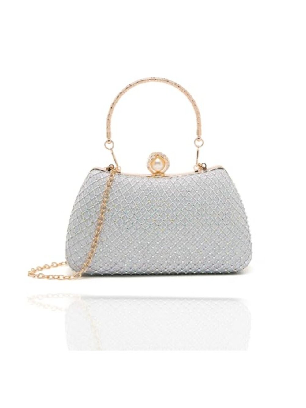 Sparkling Glitter Clutch Purse, Pearl Buckle, Detachable Chains, Crossbody